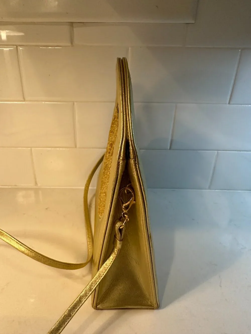 Stuart Weitzman Vintage Metallic Gold Patent Leather and Lace Evening Bag RARE